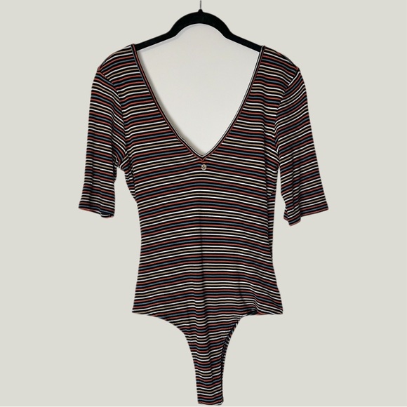 VOLCOM Strype Hype Bodysuit woman's size medium multi color striped deep v neck - Picture 3 of 14